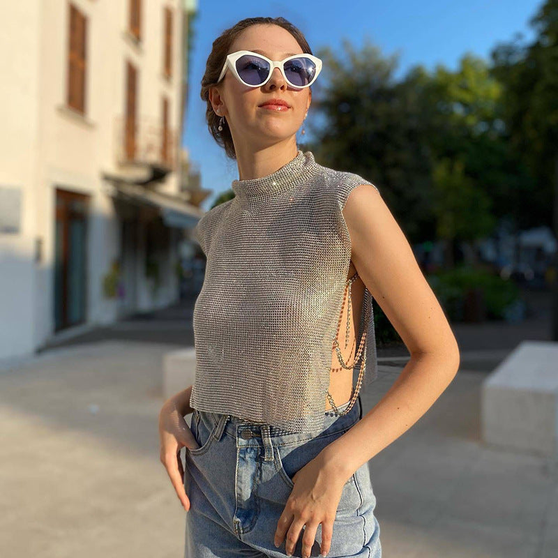 Top de lentejuelas con chaleco de diamantes de imitación para mujer