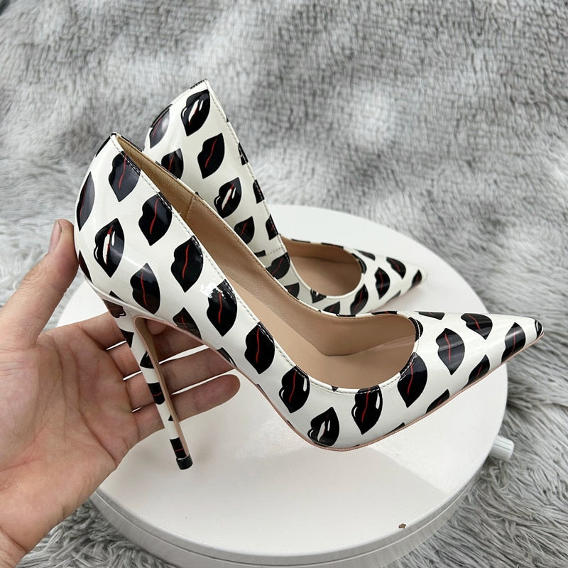 Lips Print Slip On Pointy Toe High Heel Shoes