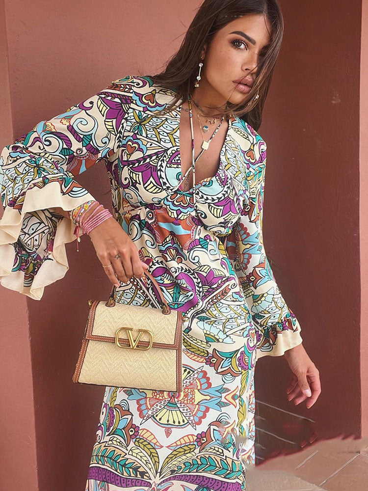Vintage Flower Print V Neck Loose Long Boho Dress