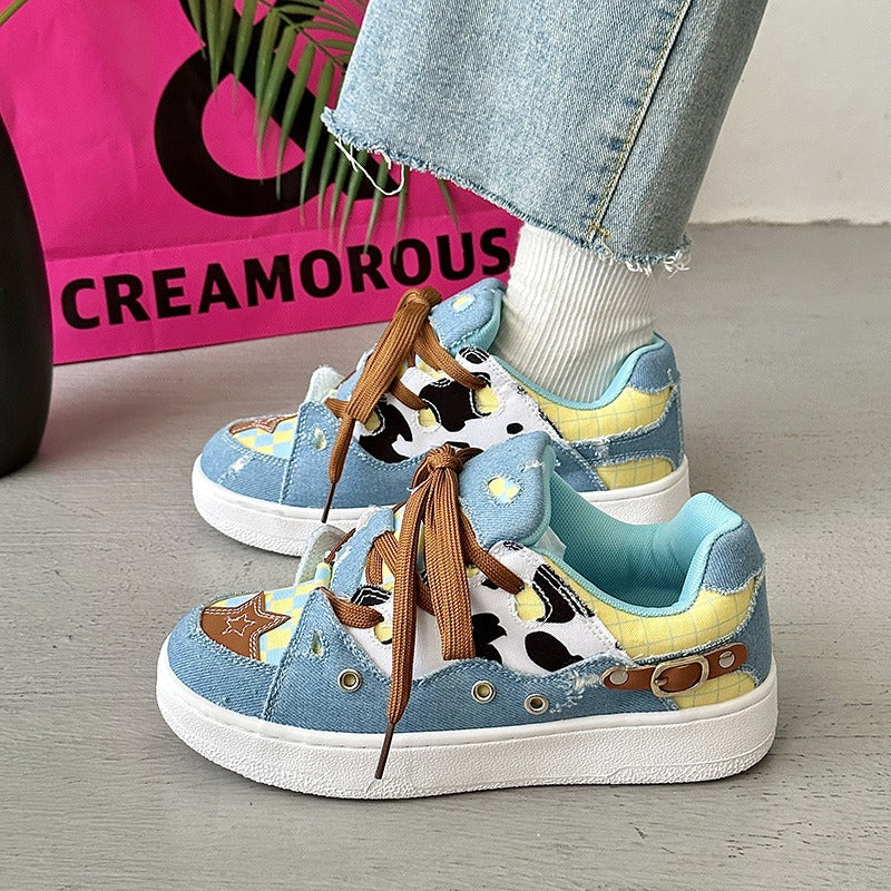 Bread Shoes Cow Pattern Denim Canvas Stitching