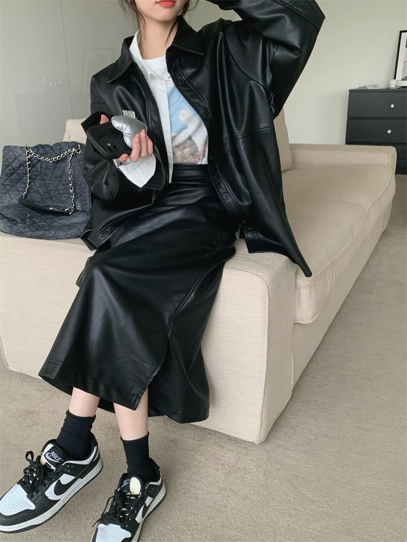 Two Piece Sets Long Sleeve Tops High Waist Side Split Skirts Loose Set