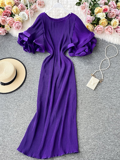 Round Neck Flare Short Sleeve Pleated Long Dress Vintage High Waist Ruffles eprolo BAD PEOPLE