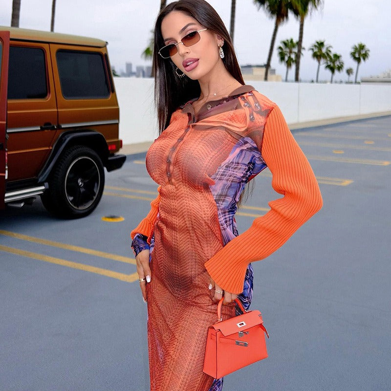 New Fashion Printed Long Sleeve Top Slim Dress