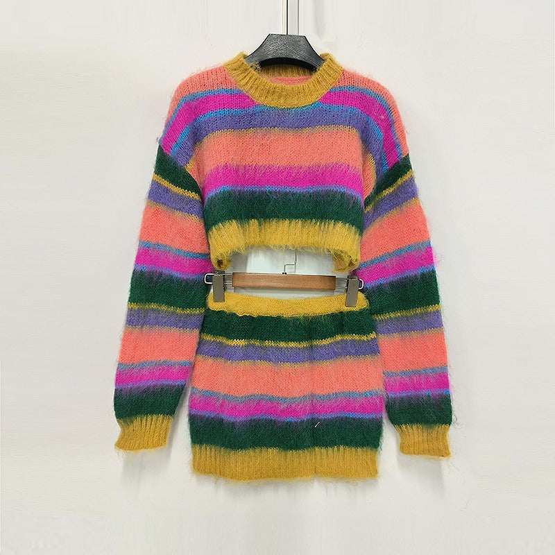 Hit Color Two Piece Sets For Women Round Neck Long Sleeve Tops High Waist Skirts A Line Skirts Knitted Skirt Female