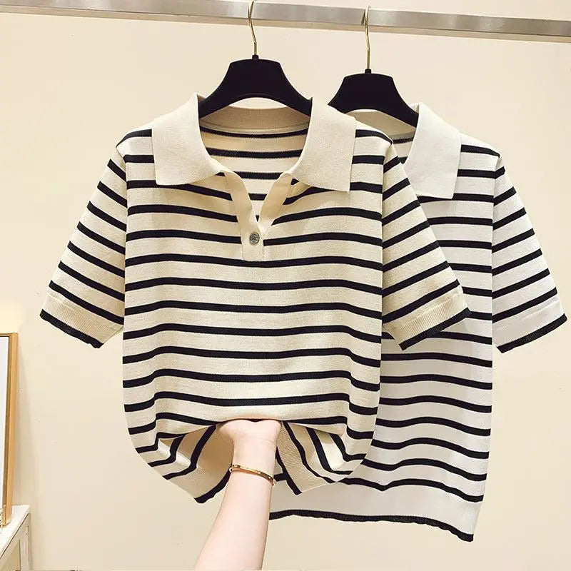 Polo-neck Striped Short Sleeve T-shirts