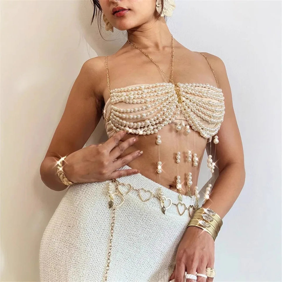 Beaded Bra White Imitation Pearls