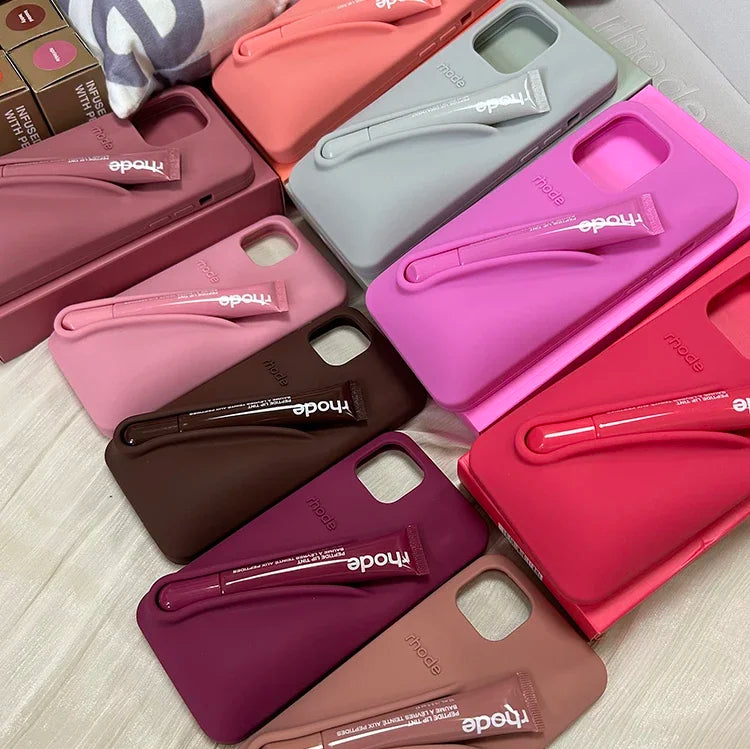For iPhone 16  Fashion Rhode Phone Case Gray Toast Espresso Ribbon Lip Gloss Holder Silicone Cover