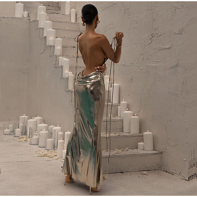 Long chrome open back dress for woman