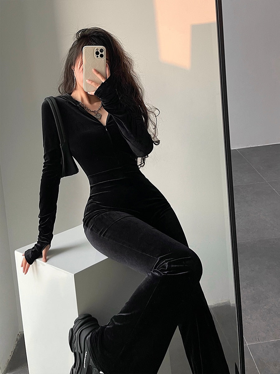 Black Velvet Slim Hooded Zipper Long Sleeve Jumpsuit