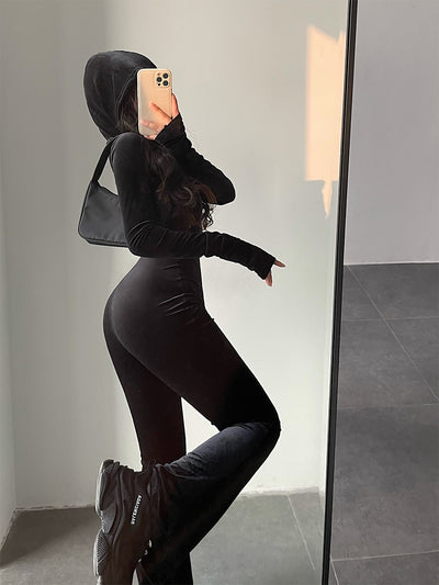 Black Velvet Slim Hooded Zipper Long Sleeve Jumpsuit MUST HAVE