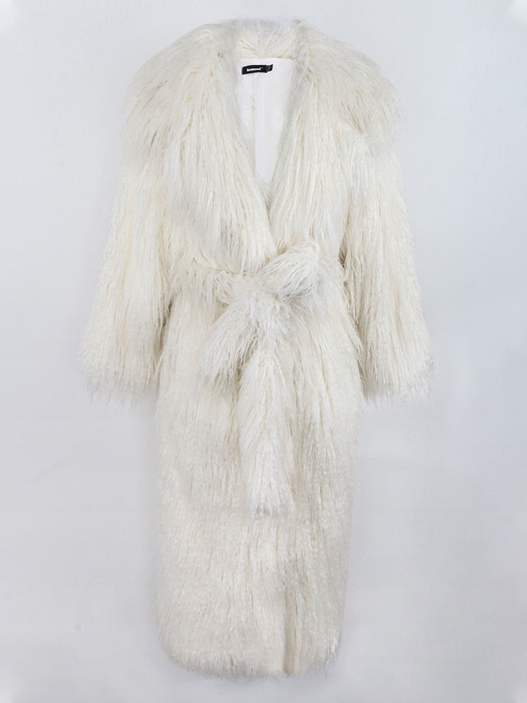 Women's long hair faux fur coat with belt