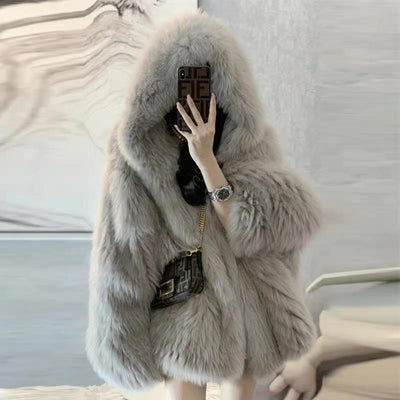 Fur Coat Imitation Fox Hair Hooded Jackets Gray MUST HAVE