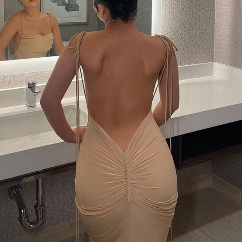 Ruched Backless Bodycon Maxi Dress