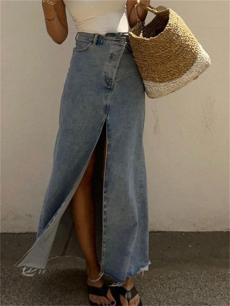 Women's long jeans skirt with high slit